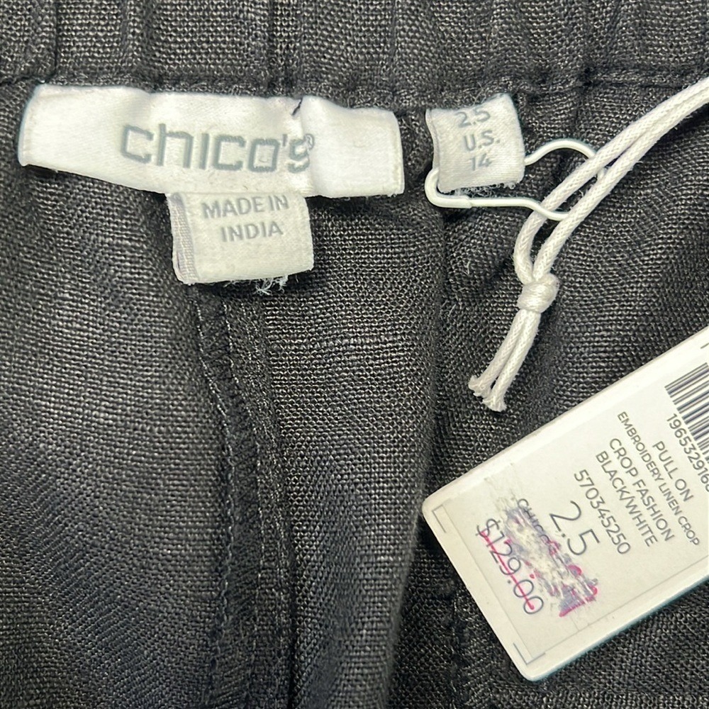 Chicos Linen Crop Straight Pant 14 Black White Embroidery Lightweight Pockts NEW - Picture 13 of 17